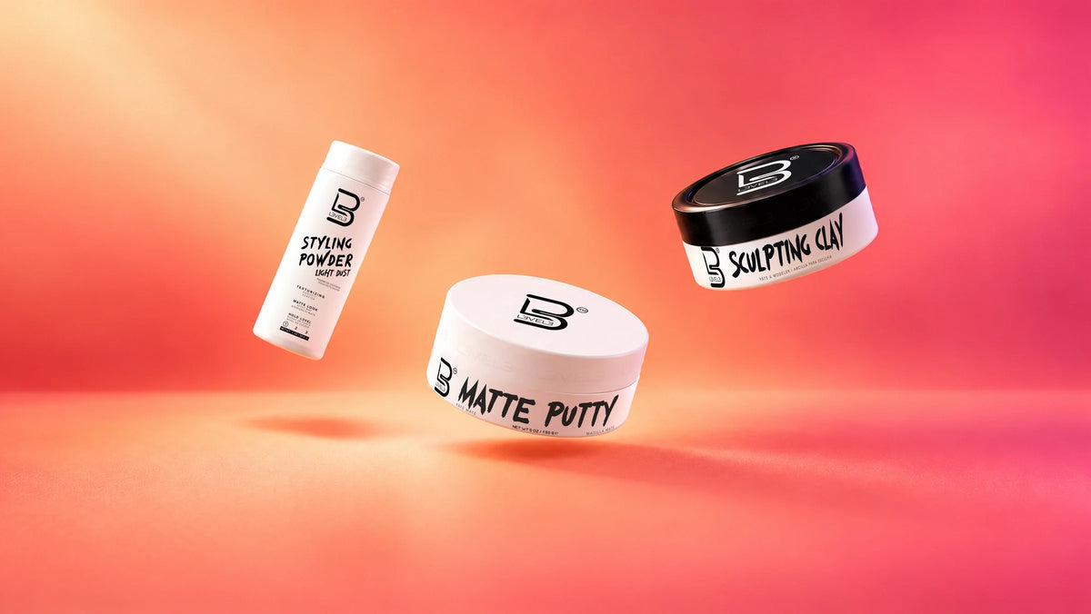 L3VEL3 Light Hold Styling Powder, Matte Putty and Sculpting Clay on an orange and pink background.