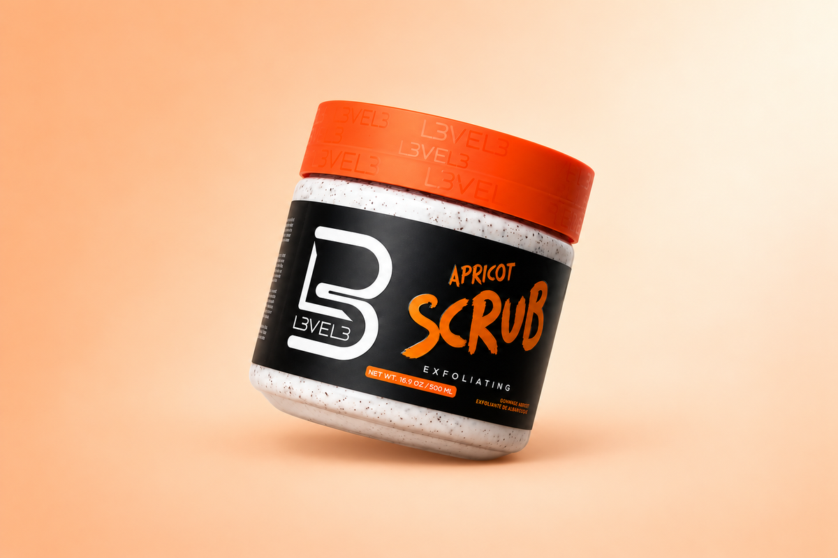 L3VEL3 Apricot Scrub jar tilted against a warm peach background