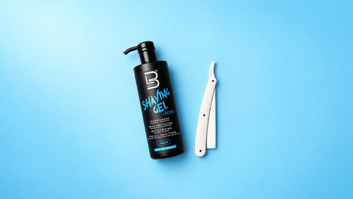 L3VEL3 Aqua Shaving Gel and a closed white razor holder in a spacious blue landscape composition