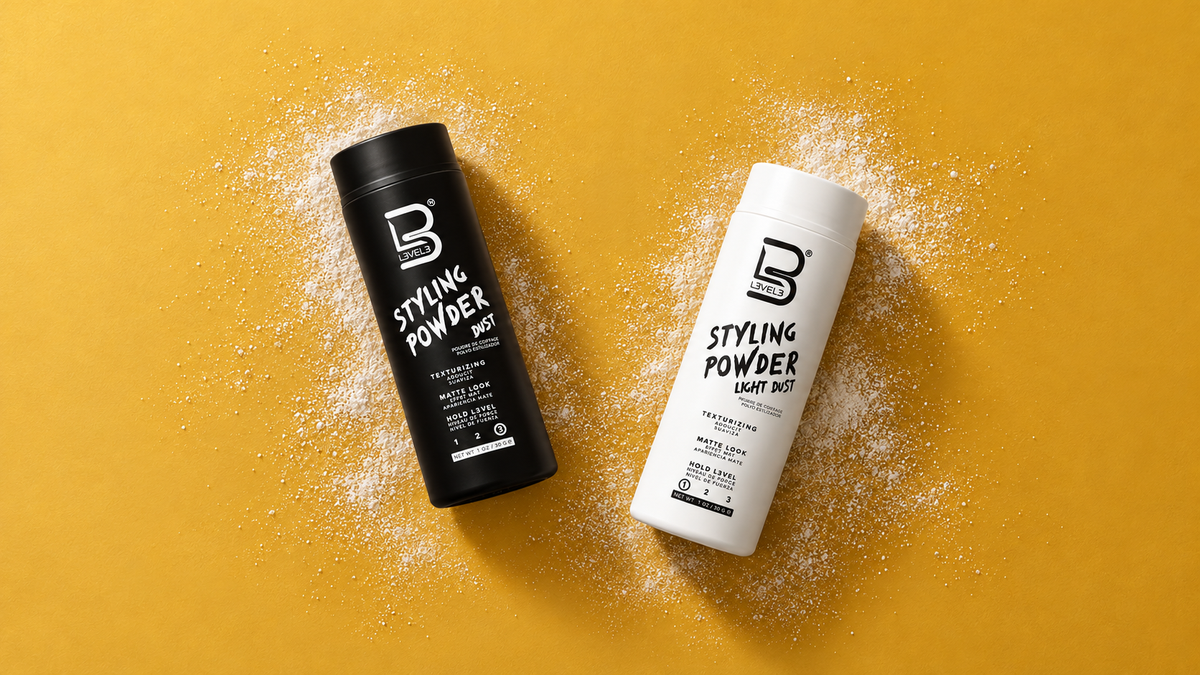 L3VEL3 Strong Hold and Light Hold styling powders on a gold background