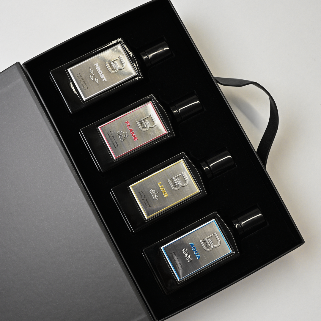 Set of Cologne in a black box on a white background