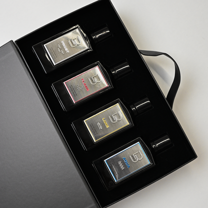 Set of Cologne in a black box on a white background