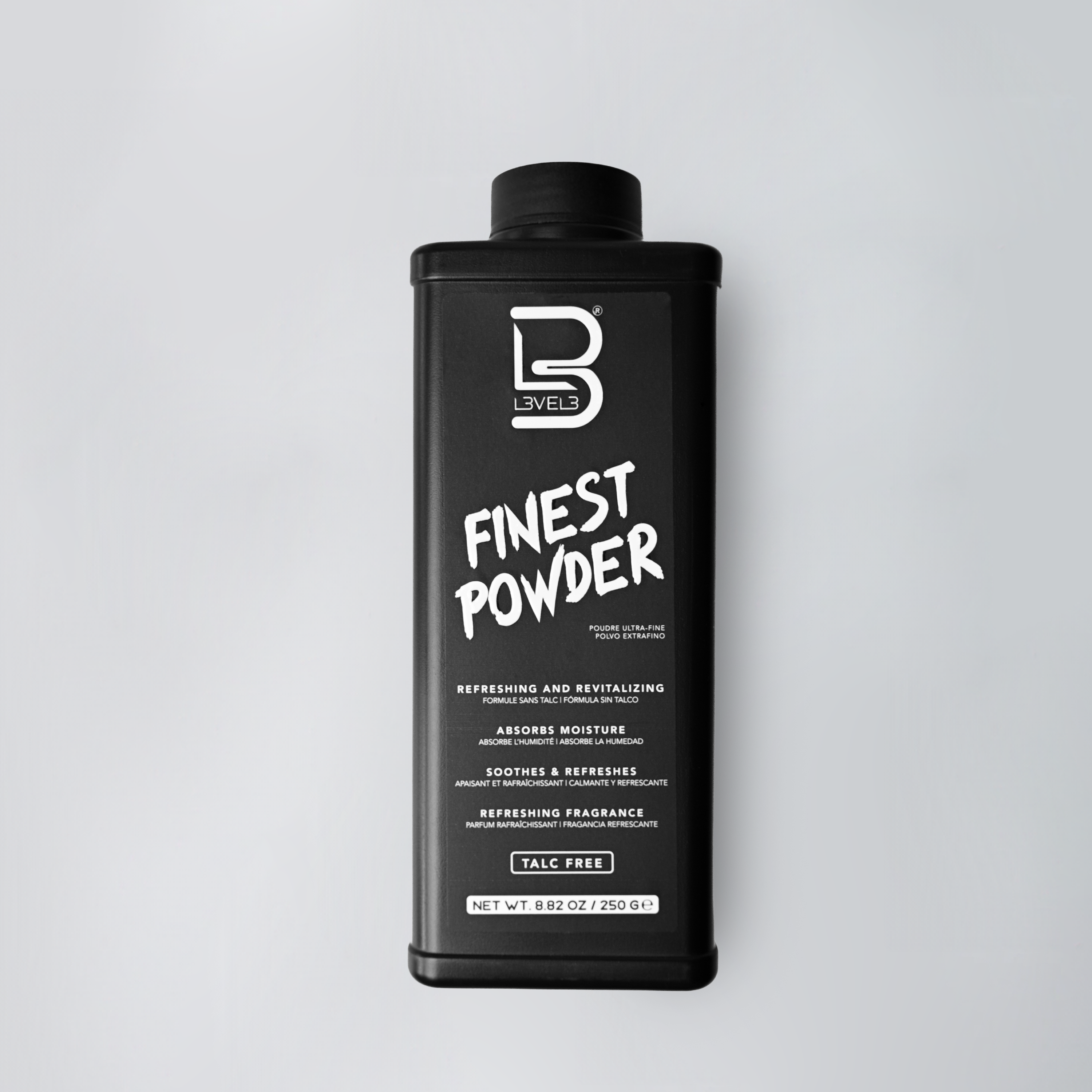 Black container labeled 'Finest Powder' on a gray background