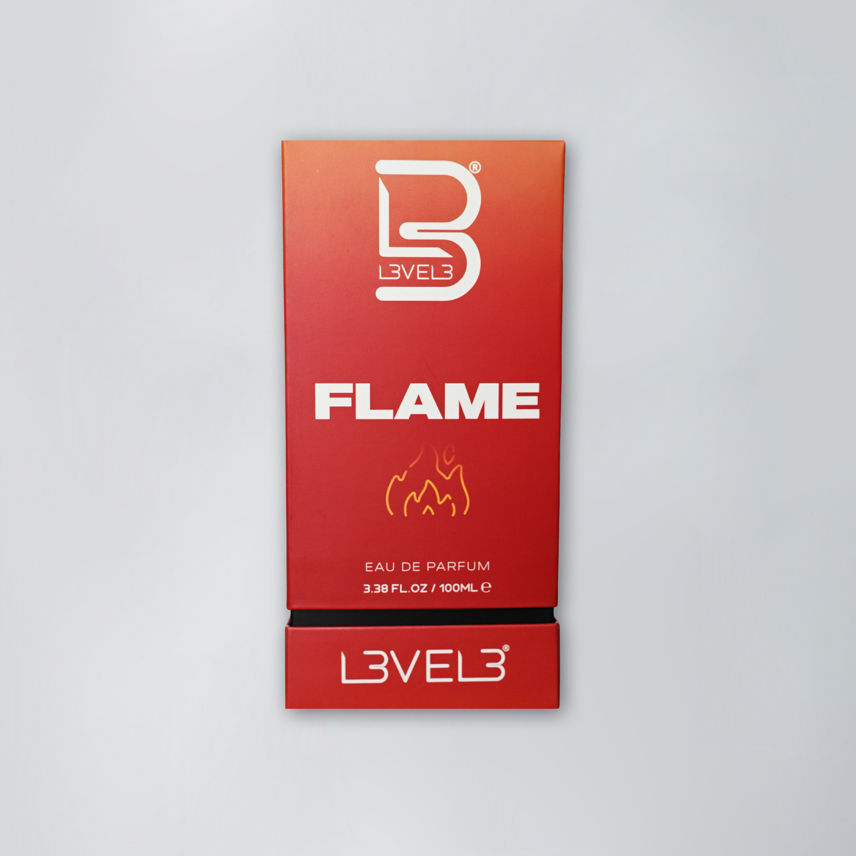 Red Level 3 Flame perfume packaging on a light gray background