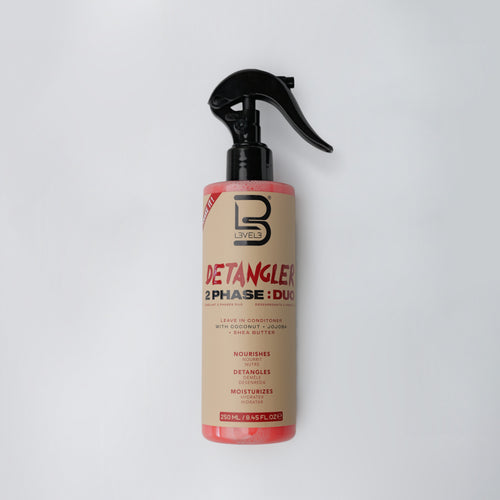 Detangler spray bottle with black nozzle on a white background
