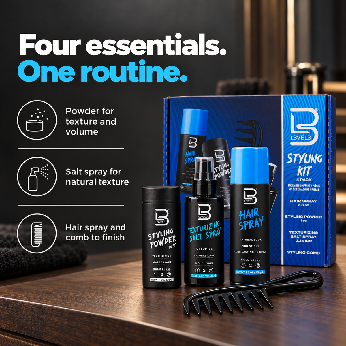 Styling Kit – Styling Powder, Salt Spray, Hair Spray & Styling Comb
