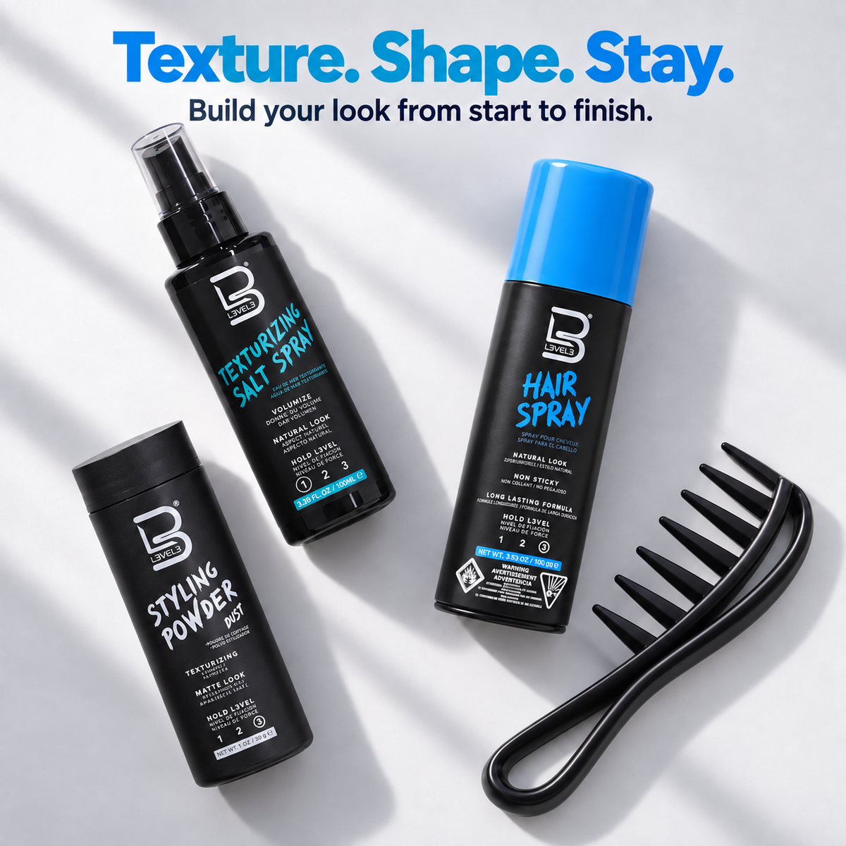 Styling Kit – Styling Powder, Salt Spray, Hair Spray & Styling Comb