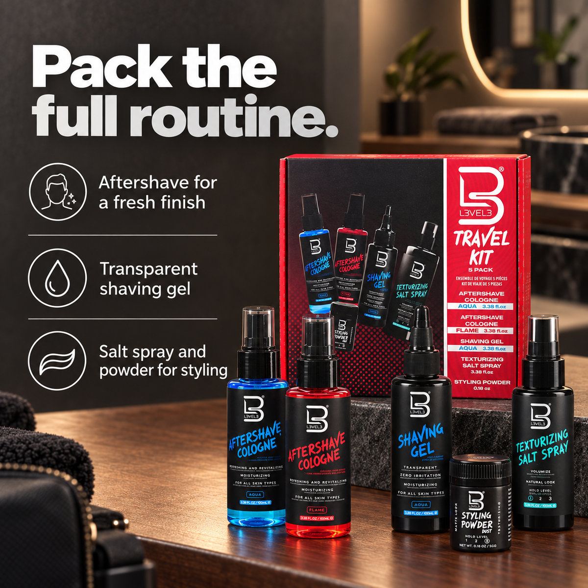 Travel Kit – Aftershave Cologne, Shaving Gel, Salt Spray & Styling Powder