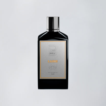 Black perfume bottle with silver cap on a light gray background