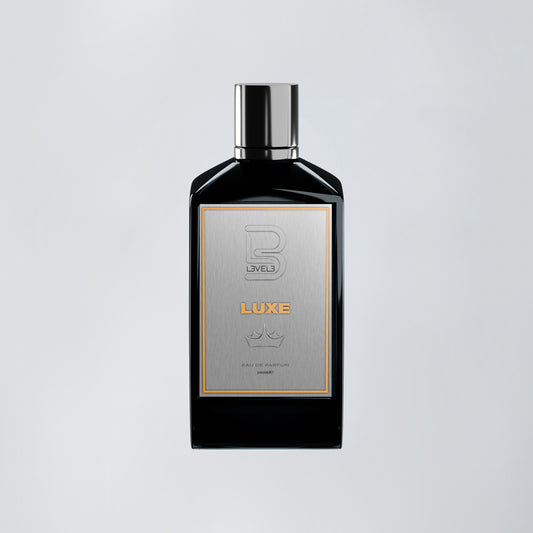 Black perfume bottle with silver cap on a light gray background